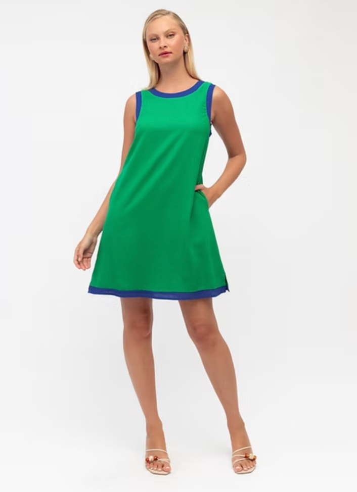 Linen Mini Dress - Green with Blue contrast