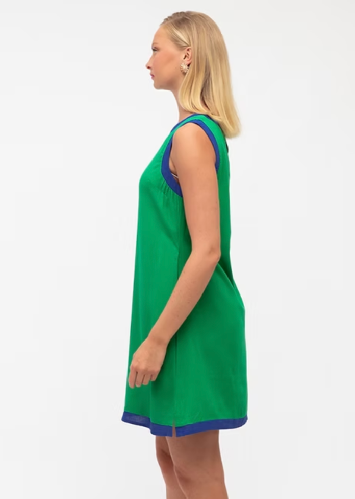Linen Mini Dress - Green with Blue contrast