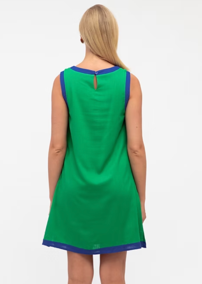 Linen Mini Dress - Green with Blue contrast