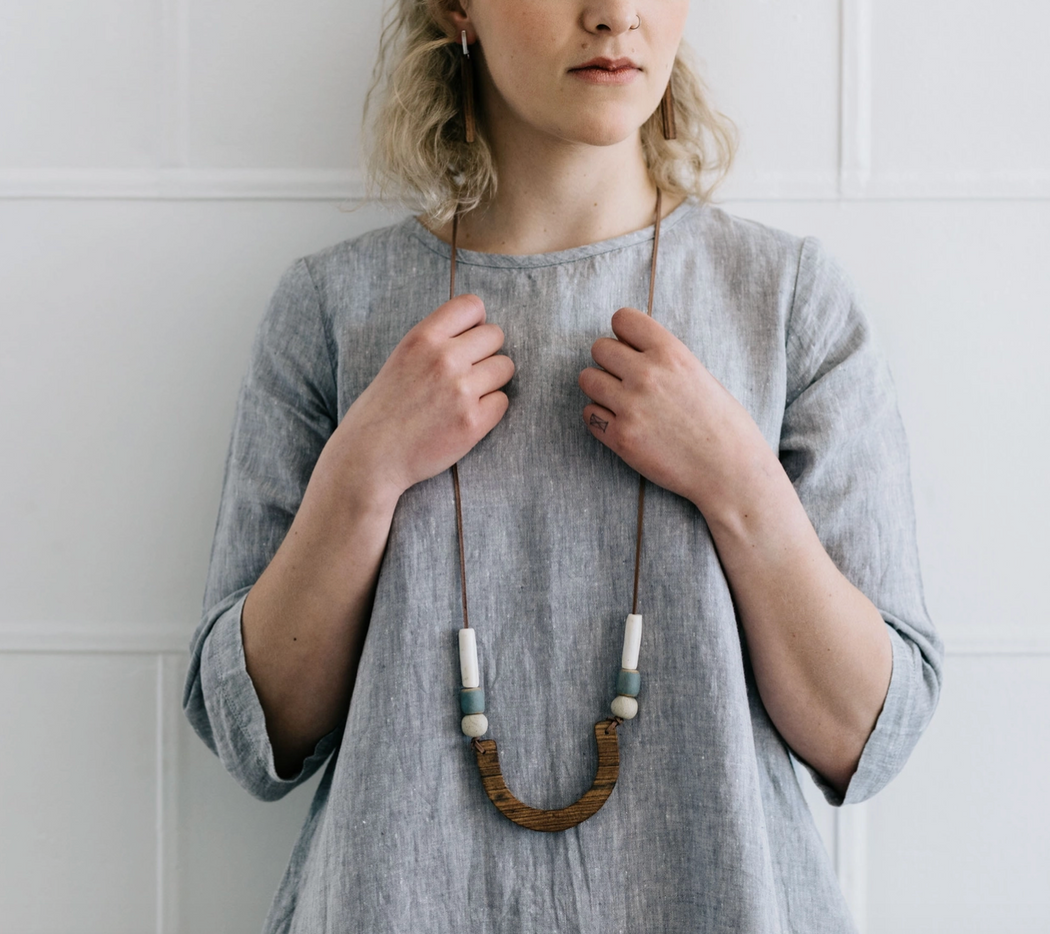 Woodfolk - Wood and Ceramic Curved U Necklace