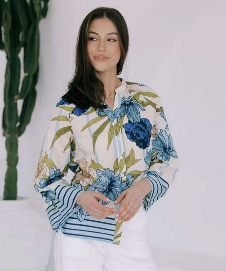 Short Sleeve Blouse - Green palm and Blue hibiscus