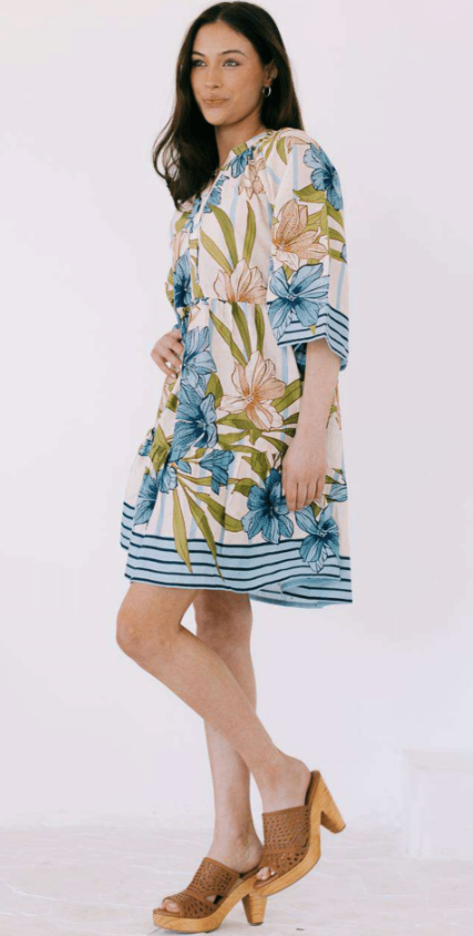 Babydoll Dress - Green Palm and Blue hibiscus