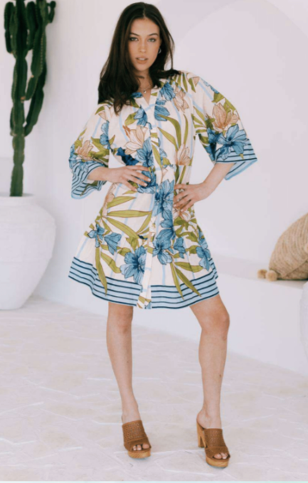 Babydoll Dress - Green Palm and Blue hibiscus