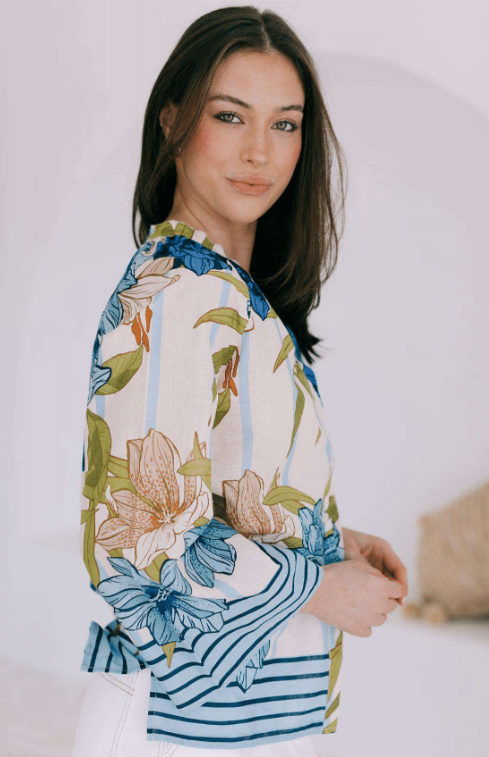 Short Sleeve Blouse - Green palm and Blue hibiscus