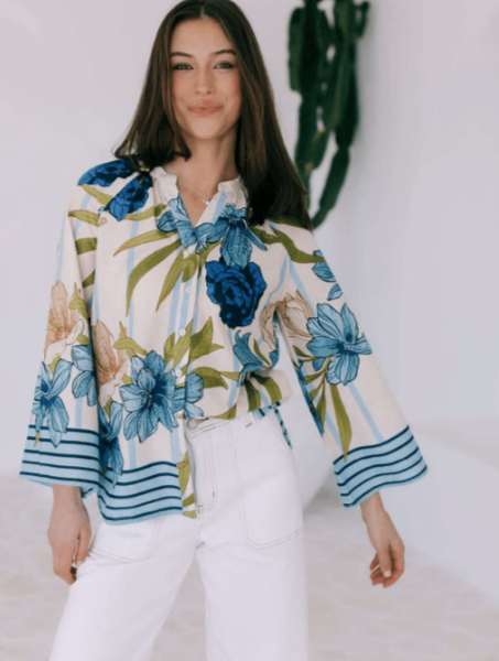 Short Sleeve Blouse - Green palm and Blue hibiscus