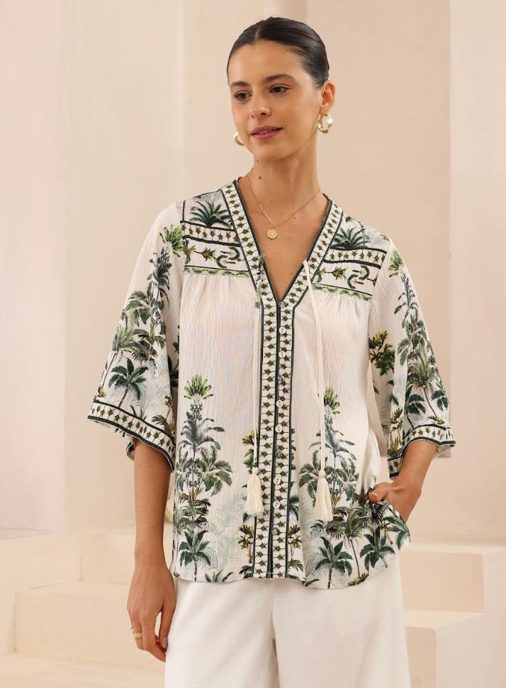 Short Sleeve Blouse - Palm Print