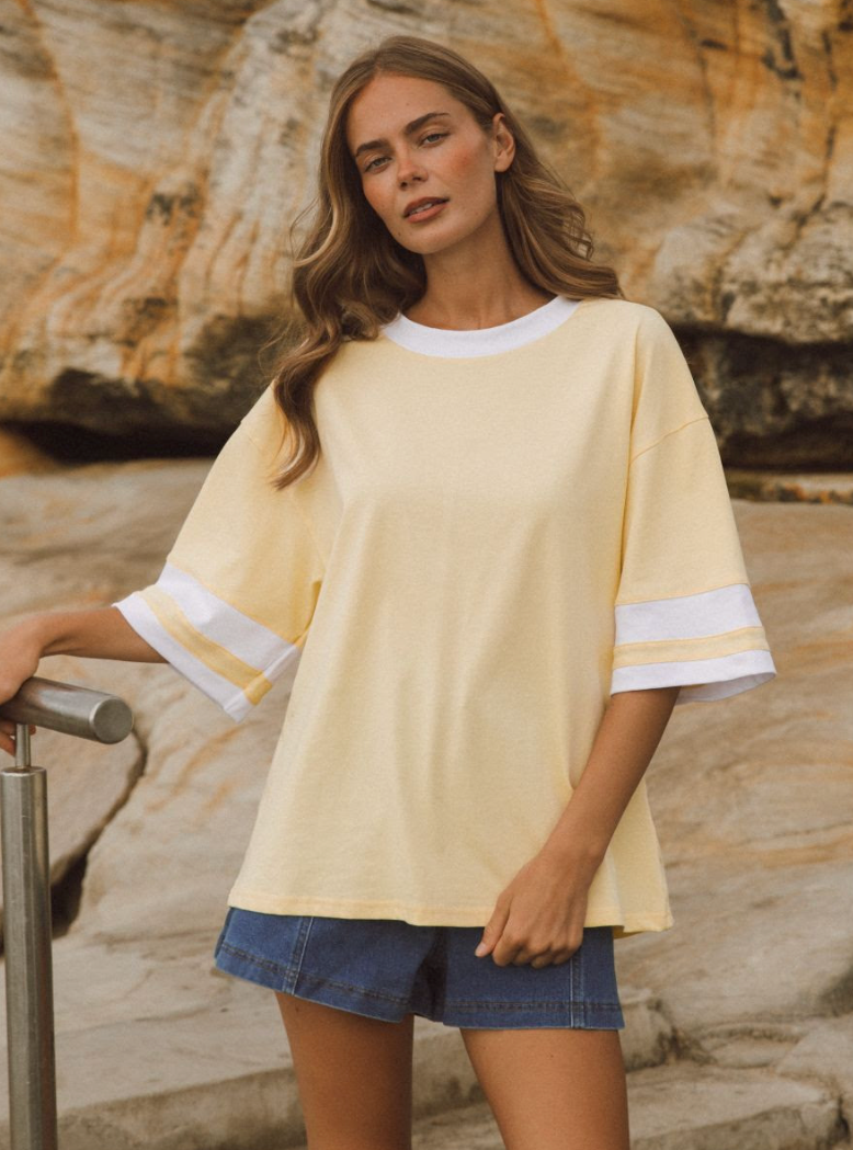 Boxy Stripe sleeve Tee - Lemon yellow
