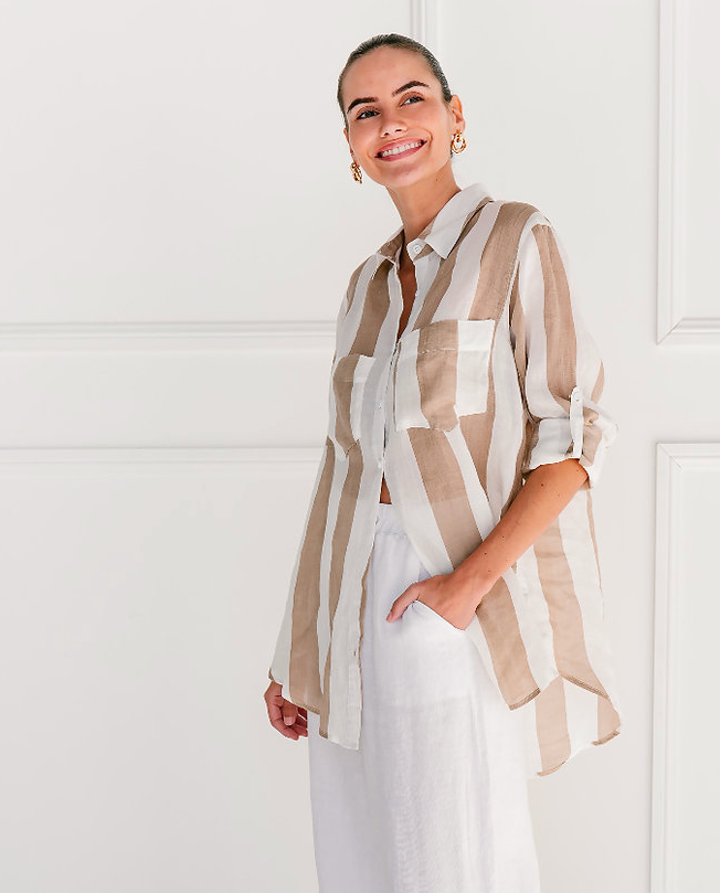 Stripe Linen Shirt - White and Beige