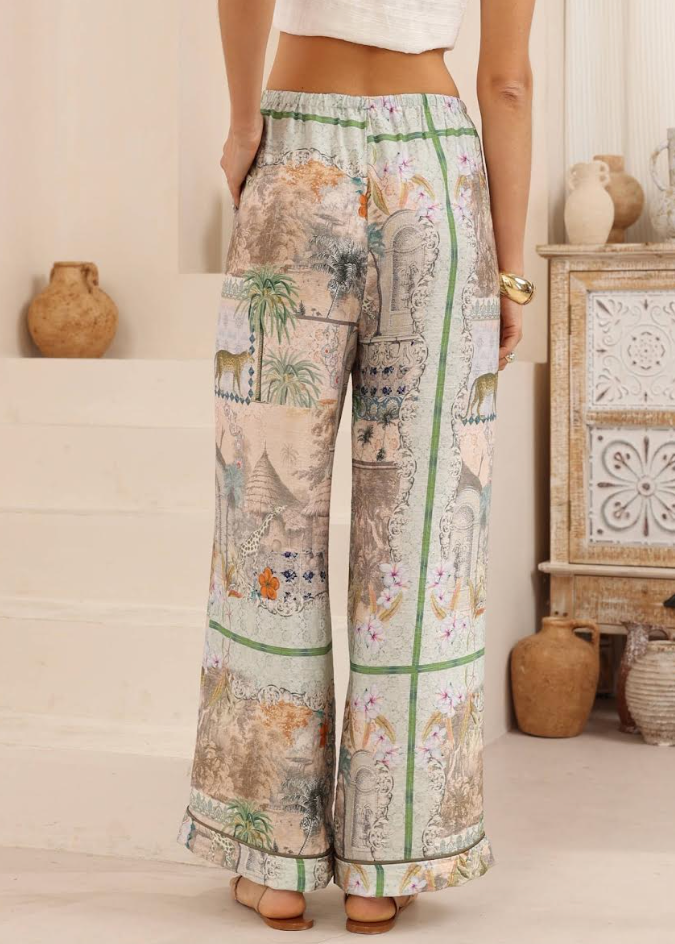 Straight Leg Rayon Pants - Safari Green Multi