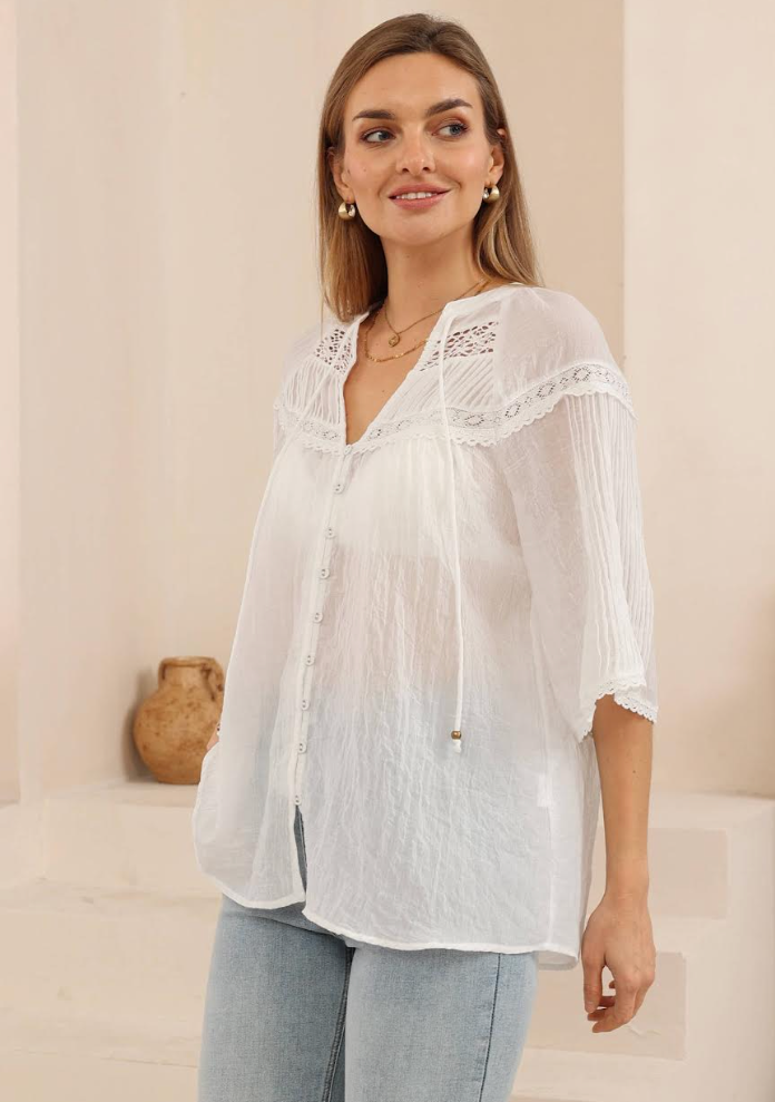 Sheer Lace detail Blouse - White