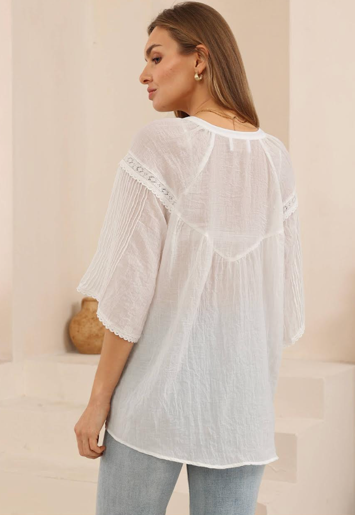 Sheer Lace detail Blouse - White