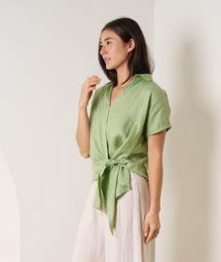 Roll Sleeve Linen Tie Top - Apple Green