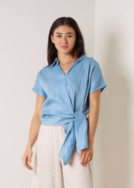 Roll Sleeve Linen Tie Top - Dove Blue