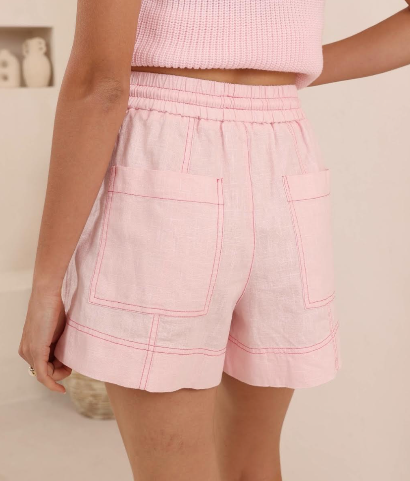 Linen/Cotton blend Elastic Waist Shorts - Pink