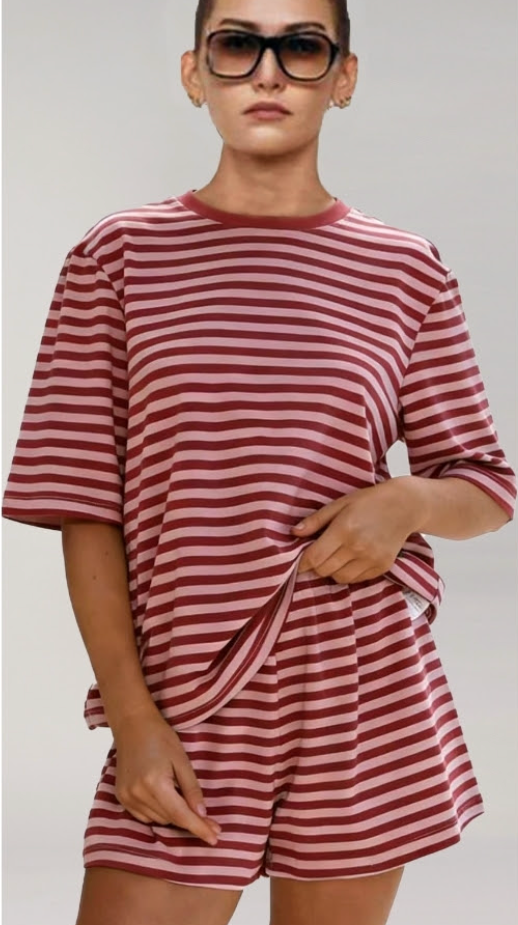 Stripe Lounge Set - Berry and Pink