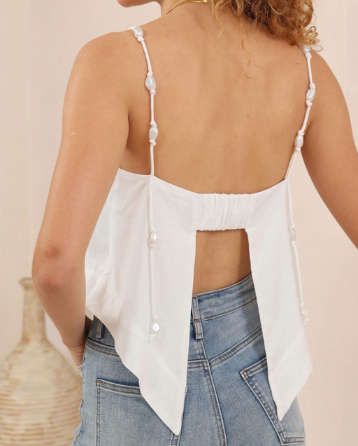 Pearl Strap Detail Linen Crop Top - White