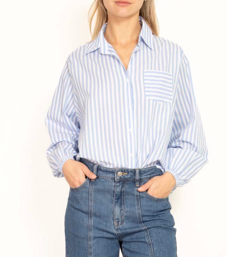 Elastic Sleeve Stripe Shirt - Blue and White