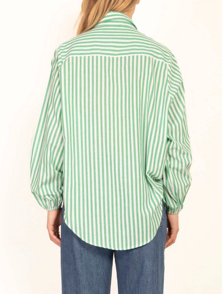 Elastic Sleeve Stripe Shirt - Green and White