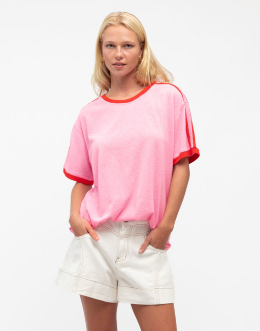 Boxy Vintage Stripe sleeve Tee - Pink and Red