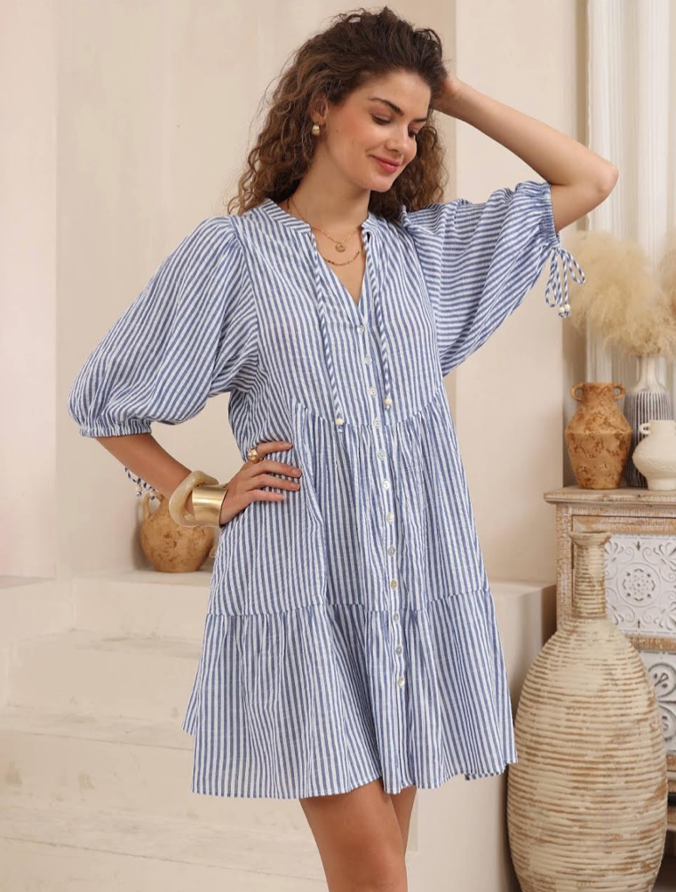 Babydoll Stripe Dress - Thin Denim Blue Stripe