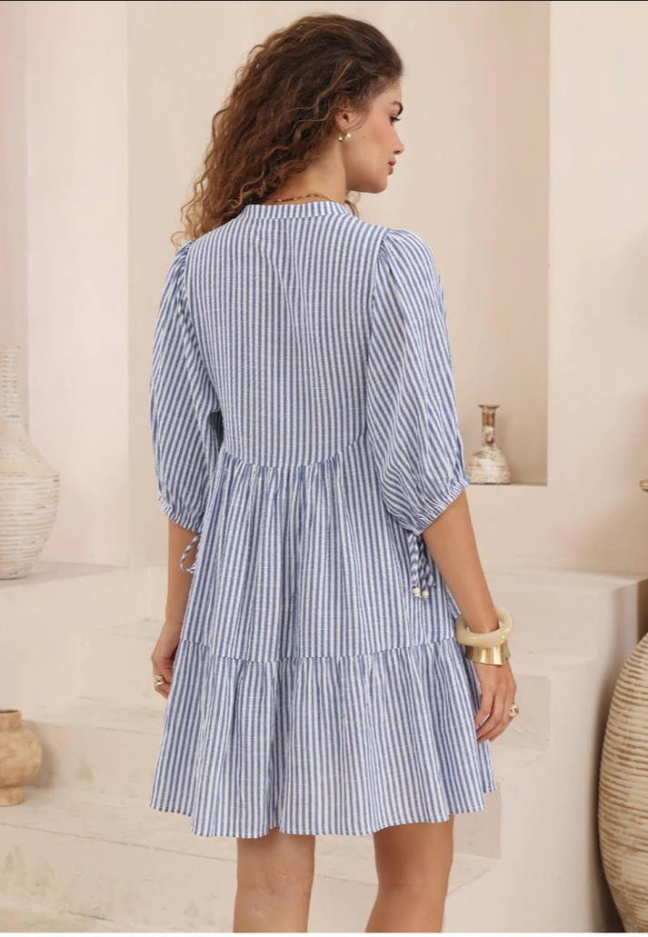 Babydoll Stripe Dress - Thin Denim Blue Stripe