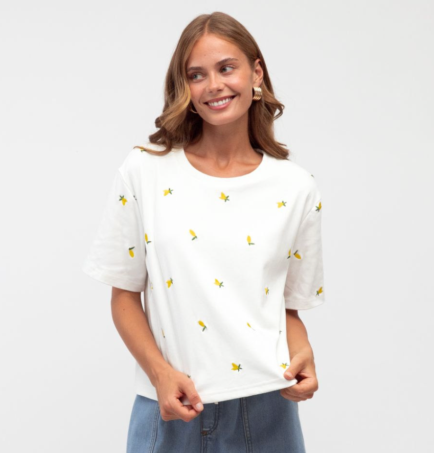 Embroidered Cotton Tee - Lemon