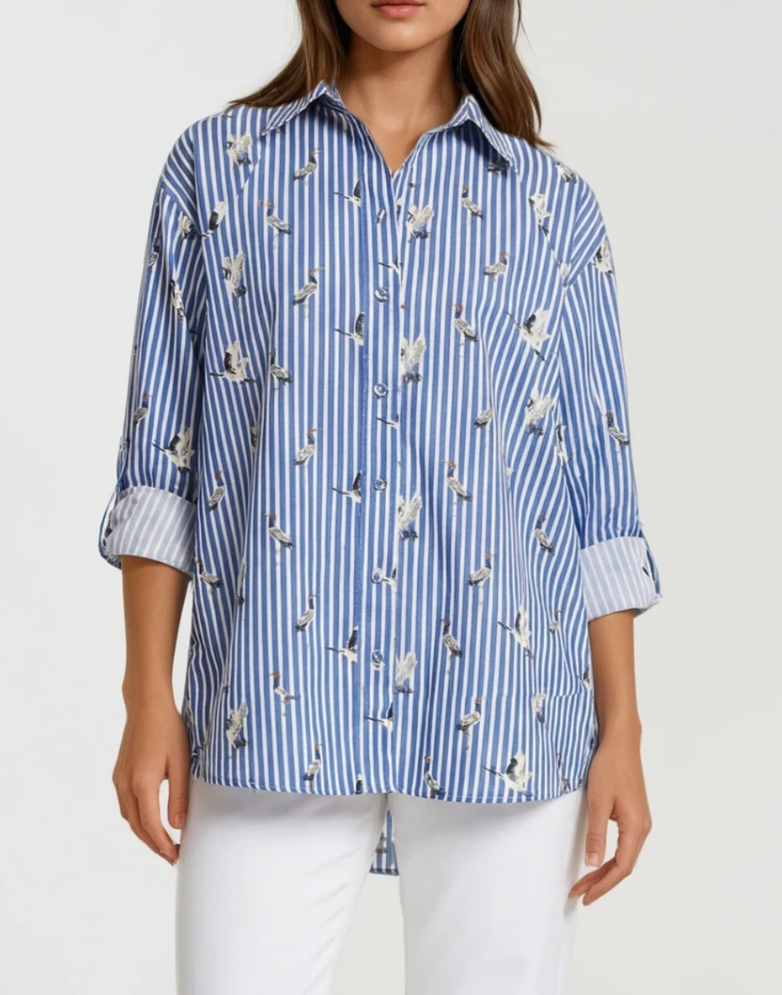 Long Sleeve Button up Shirt - Stripe Blue Birds
