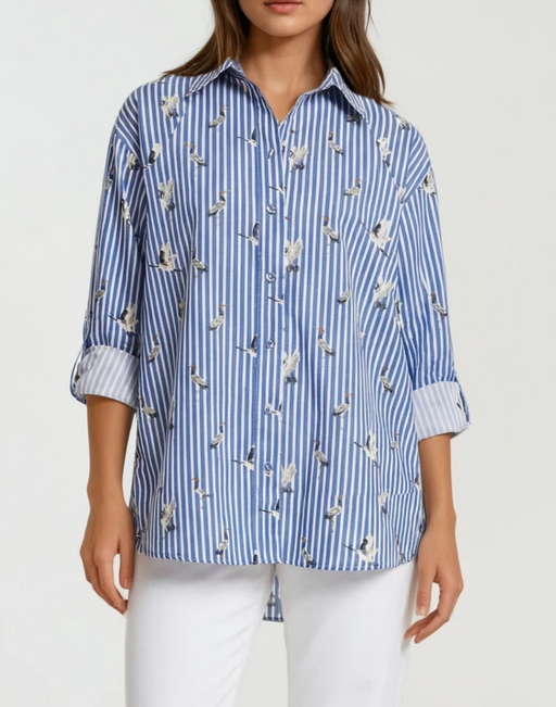 Long Sleeve Button up Shirt - Stripe Blue Birds