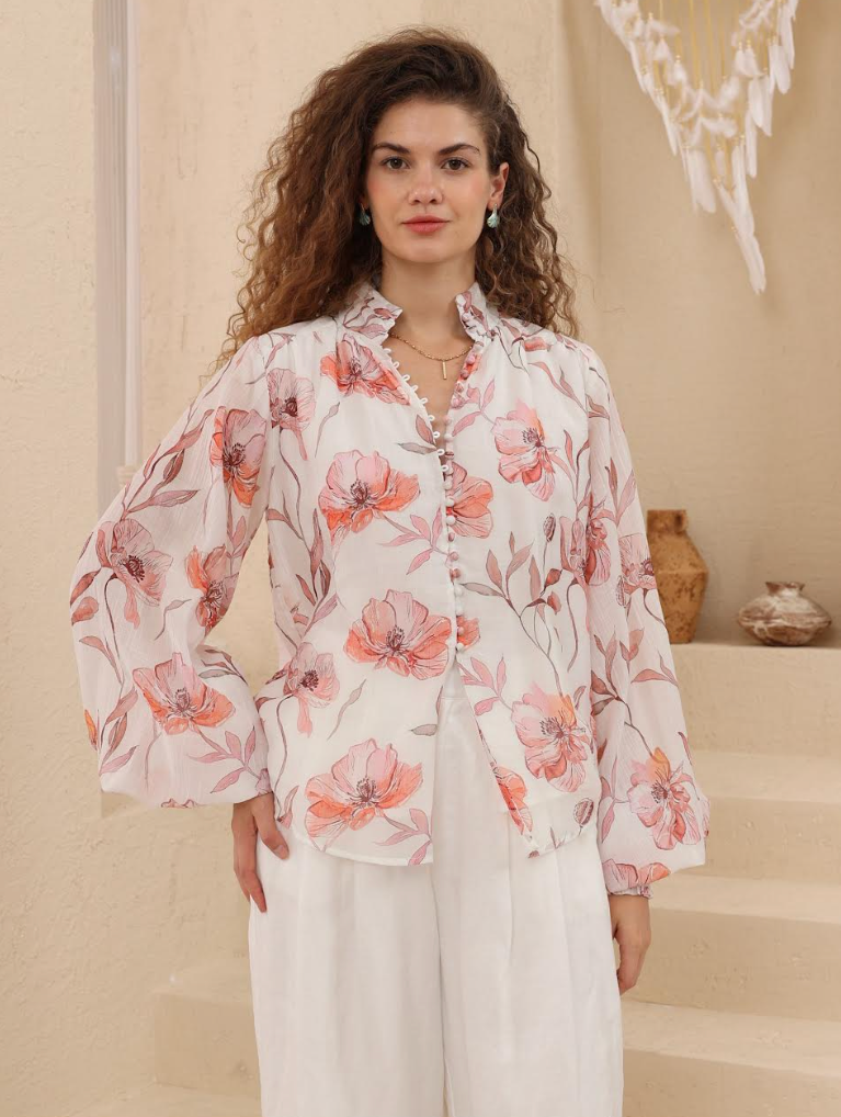 Balloon Sleeve Blouse - Pink Floral