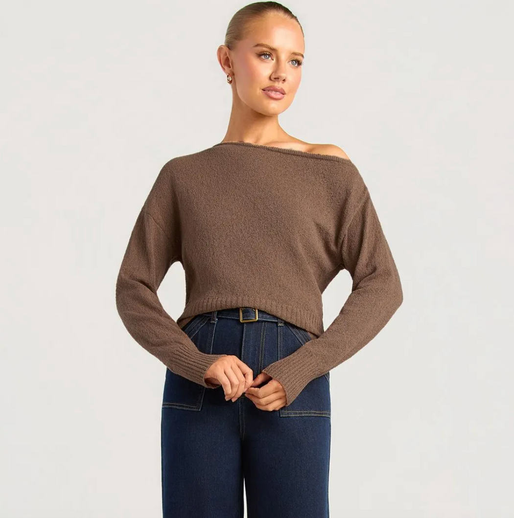 Off shoulder long sleeve Knit - Chocolate