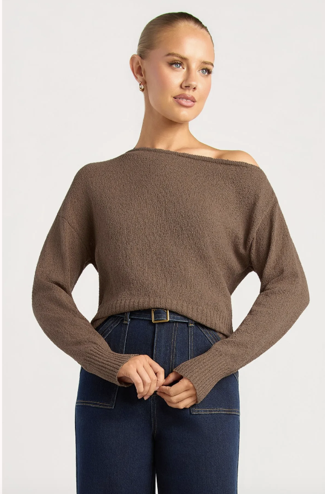 Off shoulder long sleeve Knit - Chocolate