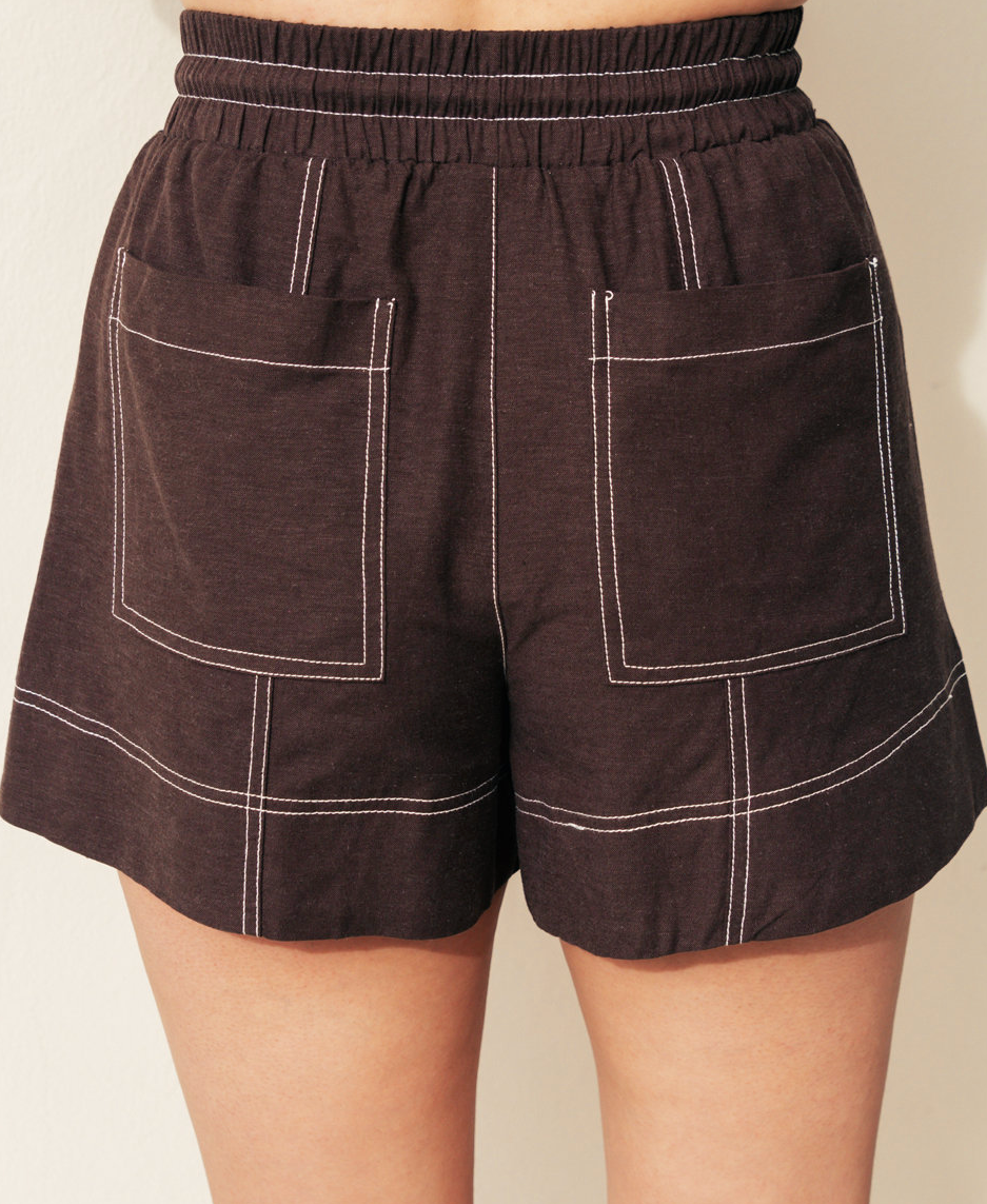 Linen blend Elastic Waist Shorts - Chocolate