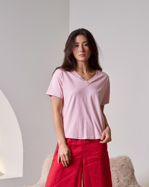 V Neck Cotton Tee - Pink