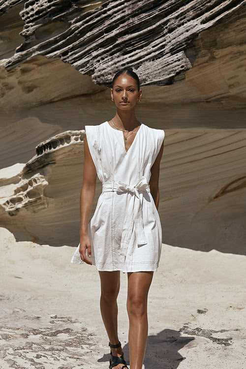 Sandstorm Mini Dress  - White with Tan Stitch