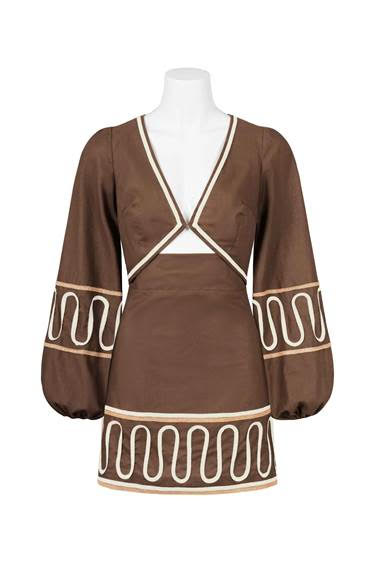 Chocolate Cord Detail Mini Dress  - Chocolate and Cream