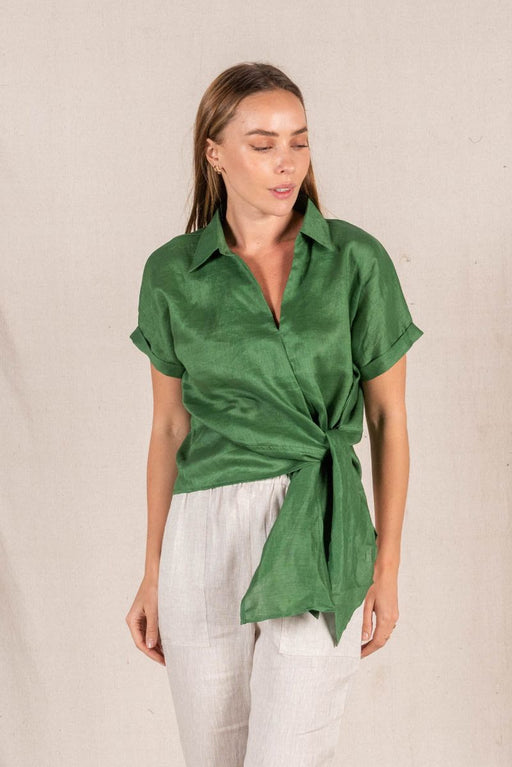 Roll Sleeve Linen Tie Top - Green