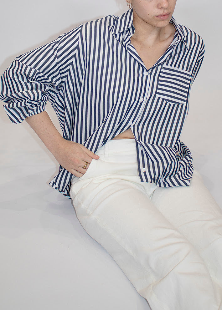 Elastic Sleeve Stripe Shirt - Navy Blue