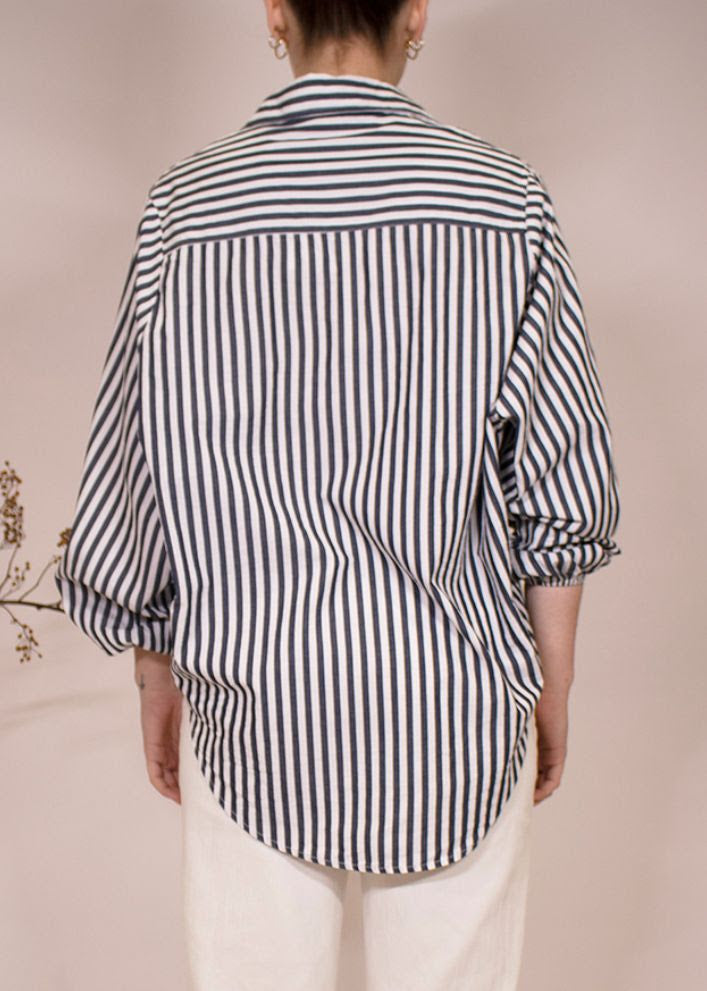 Elastic Sleeve Stripe Shirt - Navy Blue