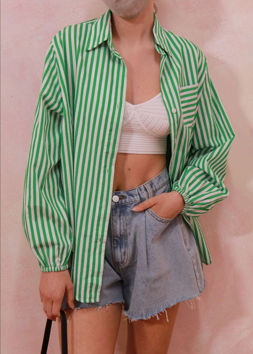 Elastic Sleeve Stripe Shirt - Green