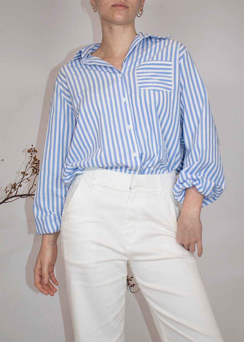 Elastic Sleeve Stripe Shirt - Light Blue
