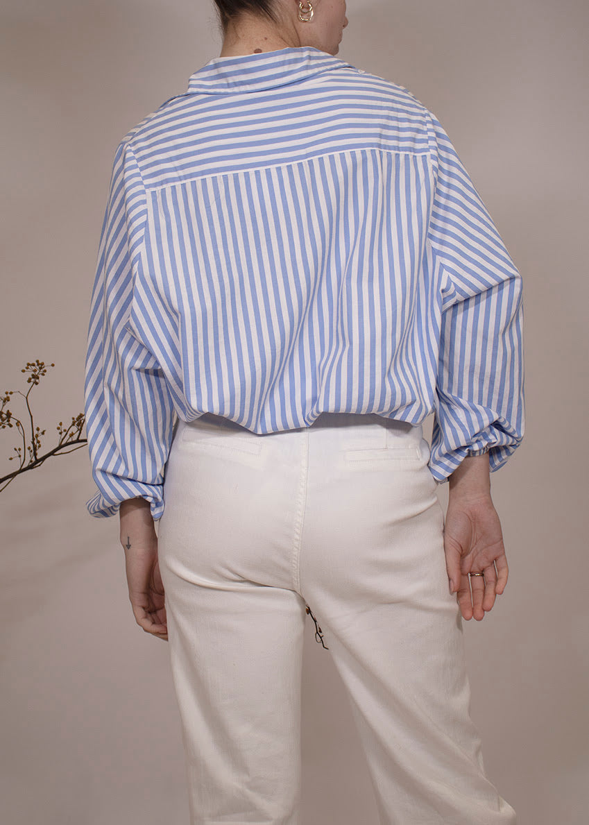 Elastic Sleeve Stripe Shirt - Light Blue